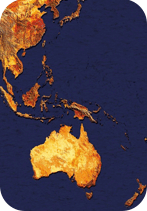 South-Eastern Asia and Australasia. Coloured satellite image of South-Eastern Asia and Australasia. New Zealand (bottom right corner) is separated from Australia (lower centre) by the Tasman Sea. The island archipelagos of Indonesia, Malaysia, the Philippines and Papua New Guinea (centre) separate Australia from mainland Asia (upper left). The Indian Ocean is seen at lower and centre left and the Pacific Ocean at upper and centre right. Japan is seen off the coast of eastern Asia (upper right). Sri Lanka is seen off the South-Eastern coast of India (upper left). Credit: DYNAMIC EARTH IMAGING / SCIENCE PHOTO LIBRARY / Universal Images Group.
